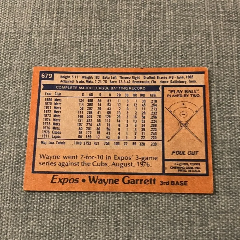 1978 Topps Montreal Expos Baseball Card Trading Card